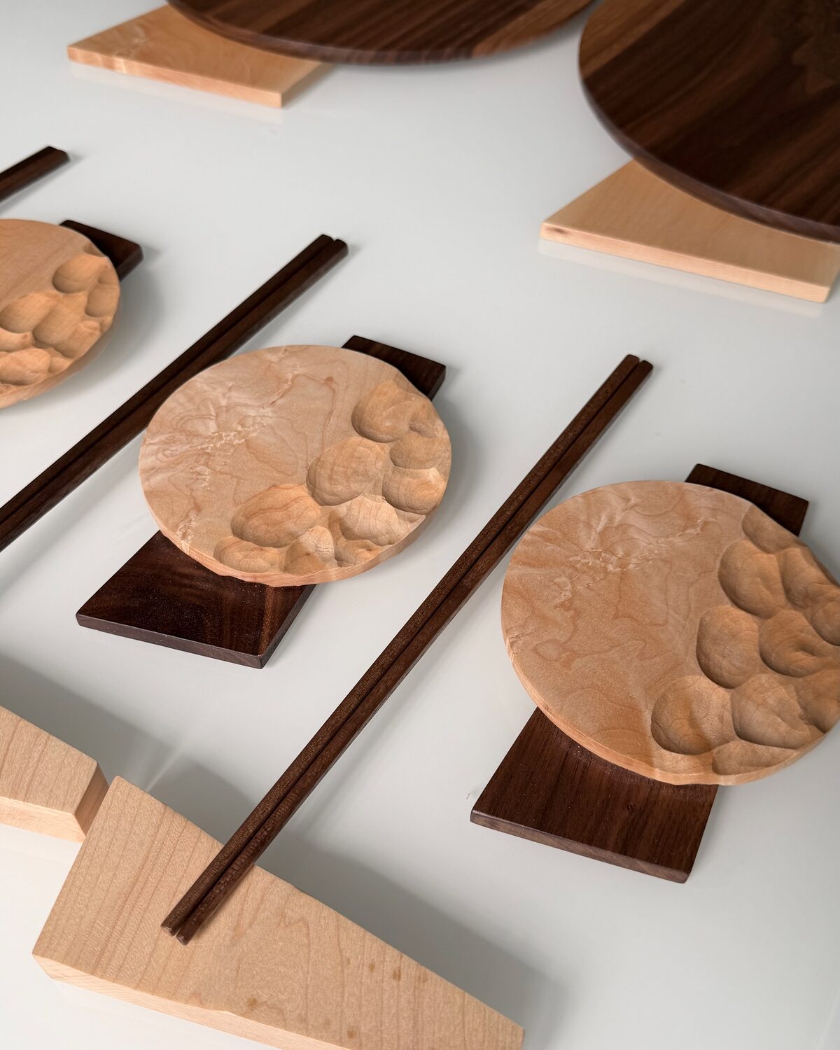 Walnut and maple dishes together, with walnut chopsticks