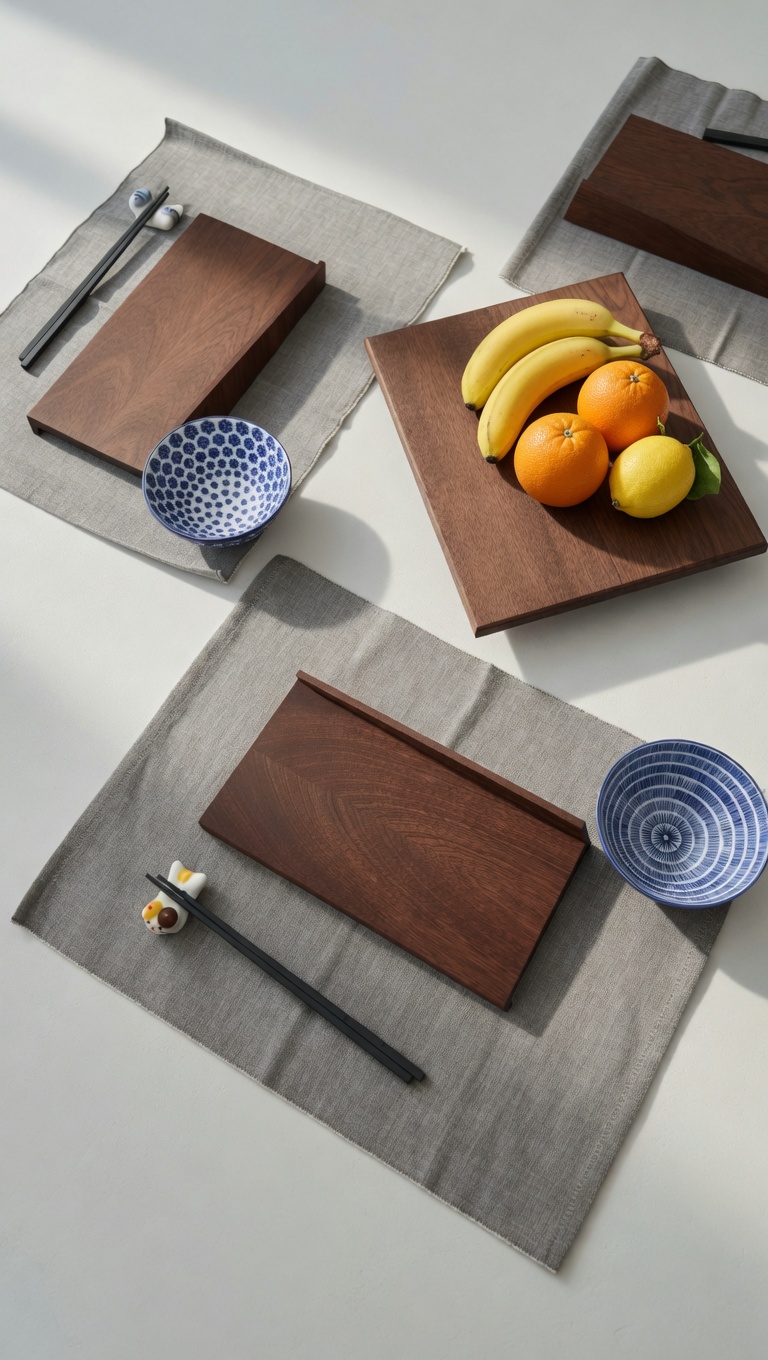 Walnut serving boards on linen placemats, with patterned bowls and a fruit arrangement