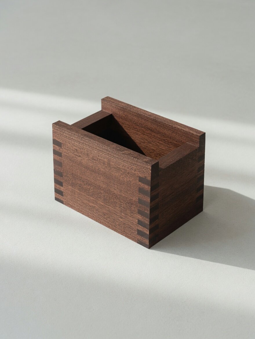 A walnut storage box with stepped sides, three-quarter view