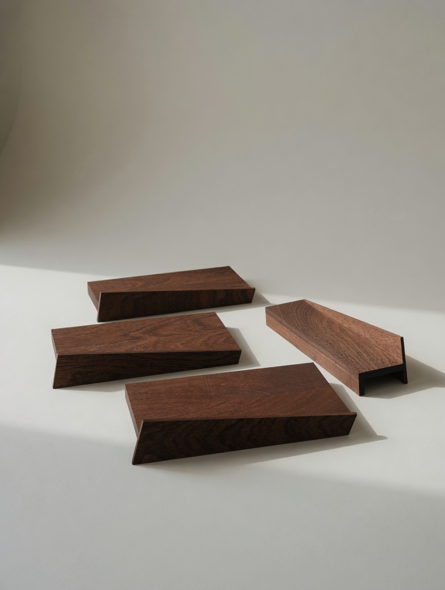 Four walnut floating shelves arranged on a pale surface, in soft light