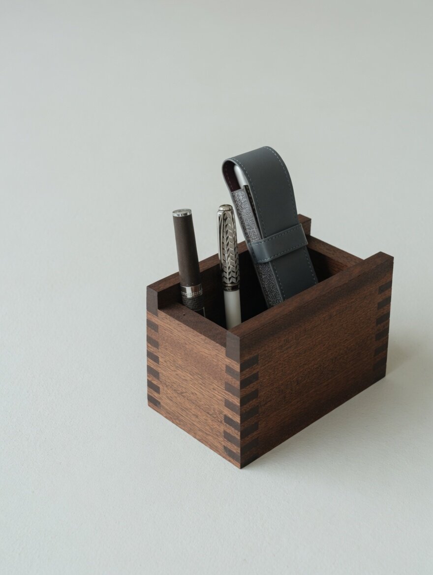 A walnut pen holder with two pens and a leather pen case
