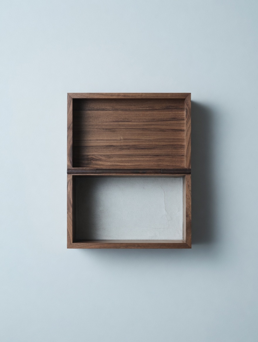 A walnut box with two compartments, opened