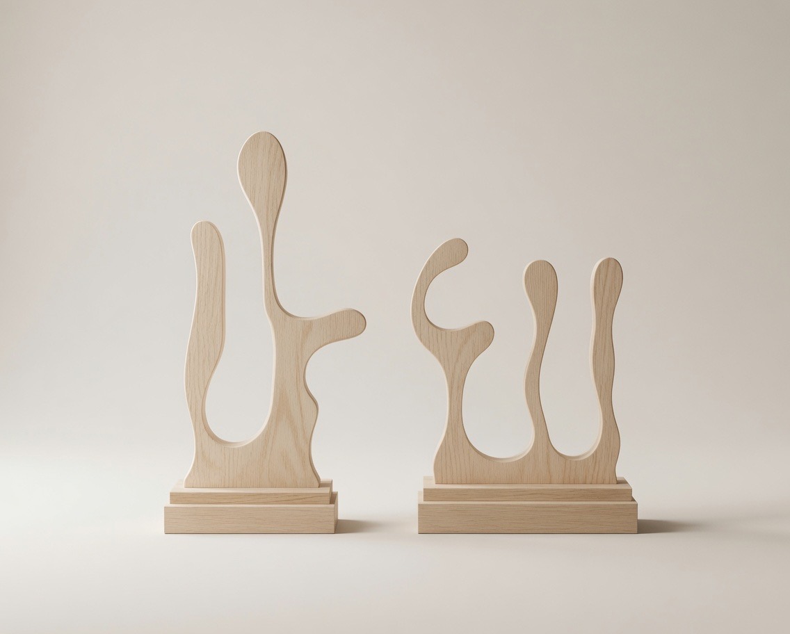 A pair of abstract ash sculptures with flowing organic forms on stepped bases