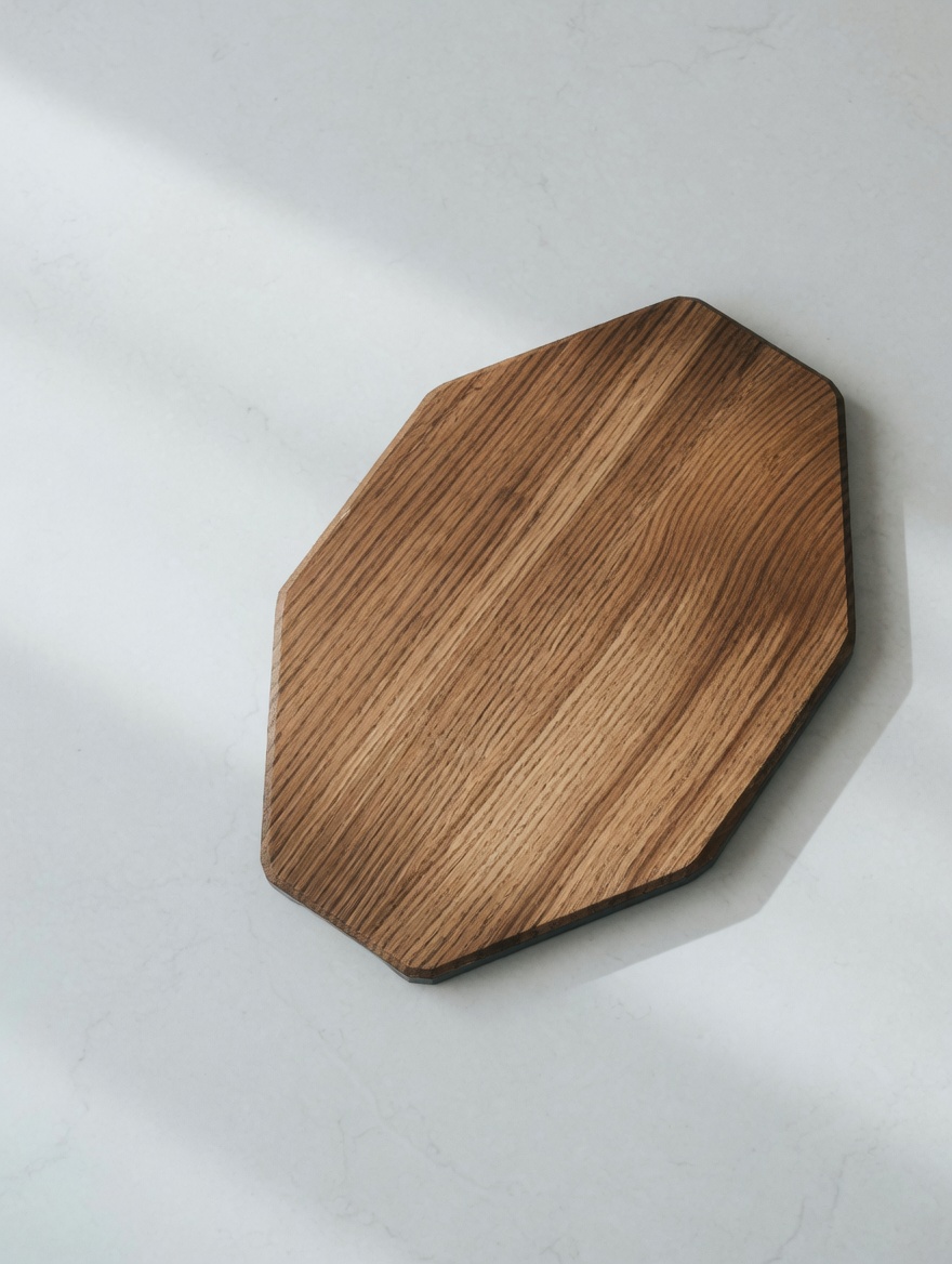 An octagonal oak board, top-down on marble